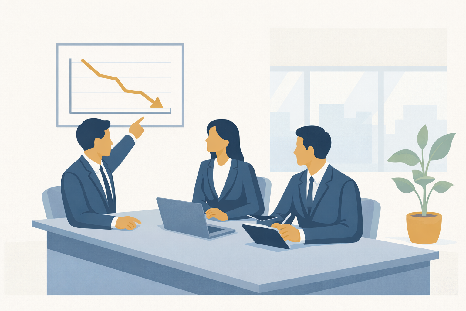 Three Incenta professionals reviewing a health plan cost analysis showing a downward-trending chart