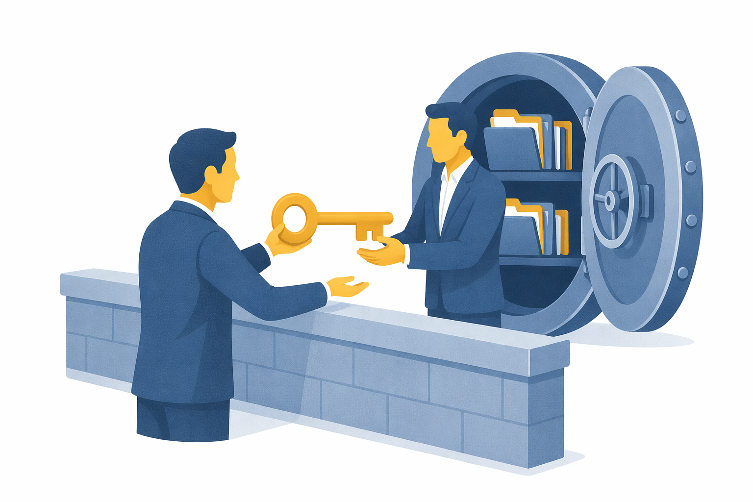 Two professionals exchanging a large gold key across a low wall, with an open vault of claims files behind