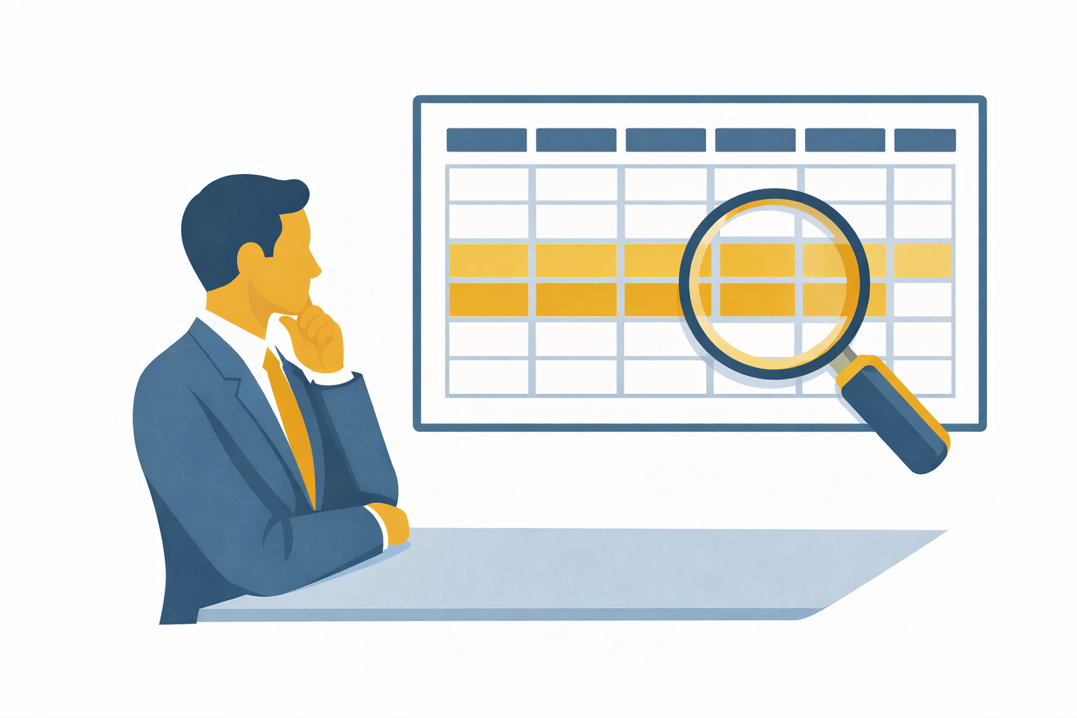 A professional analyzing a spreadsheet with a magnifying glass over highlighted rows
