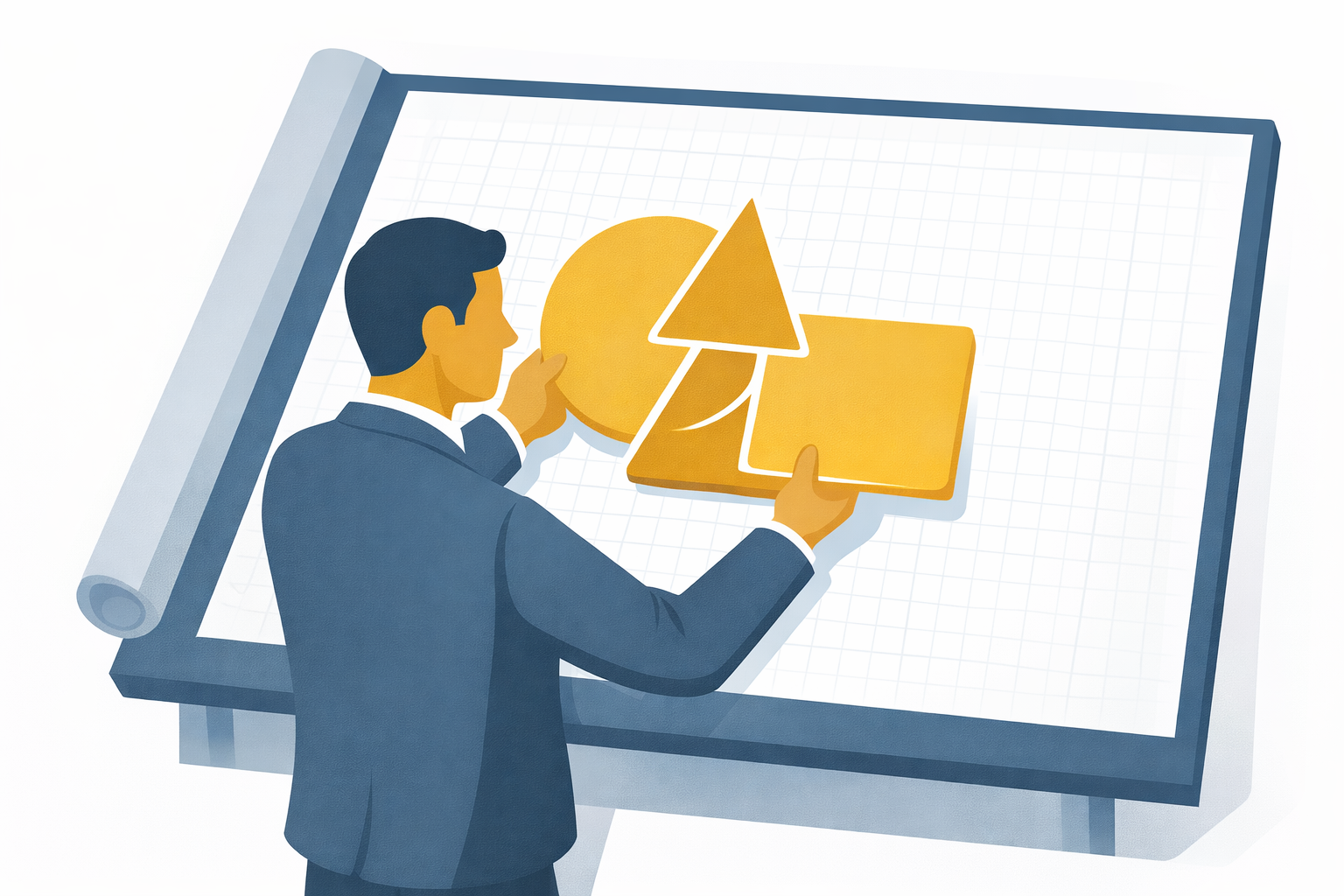 A professional at a drafting table assembling interlocking geometric shapes