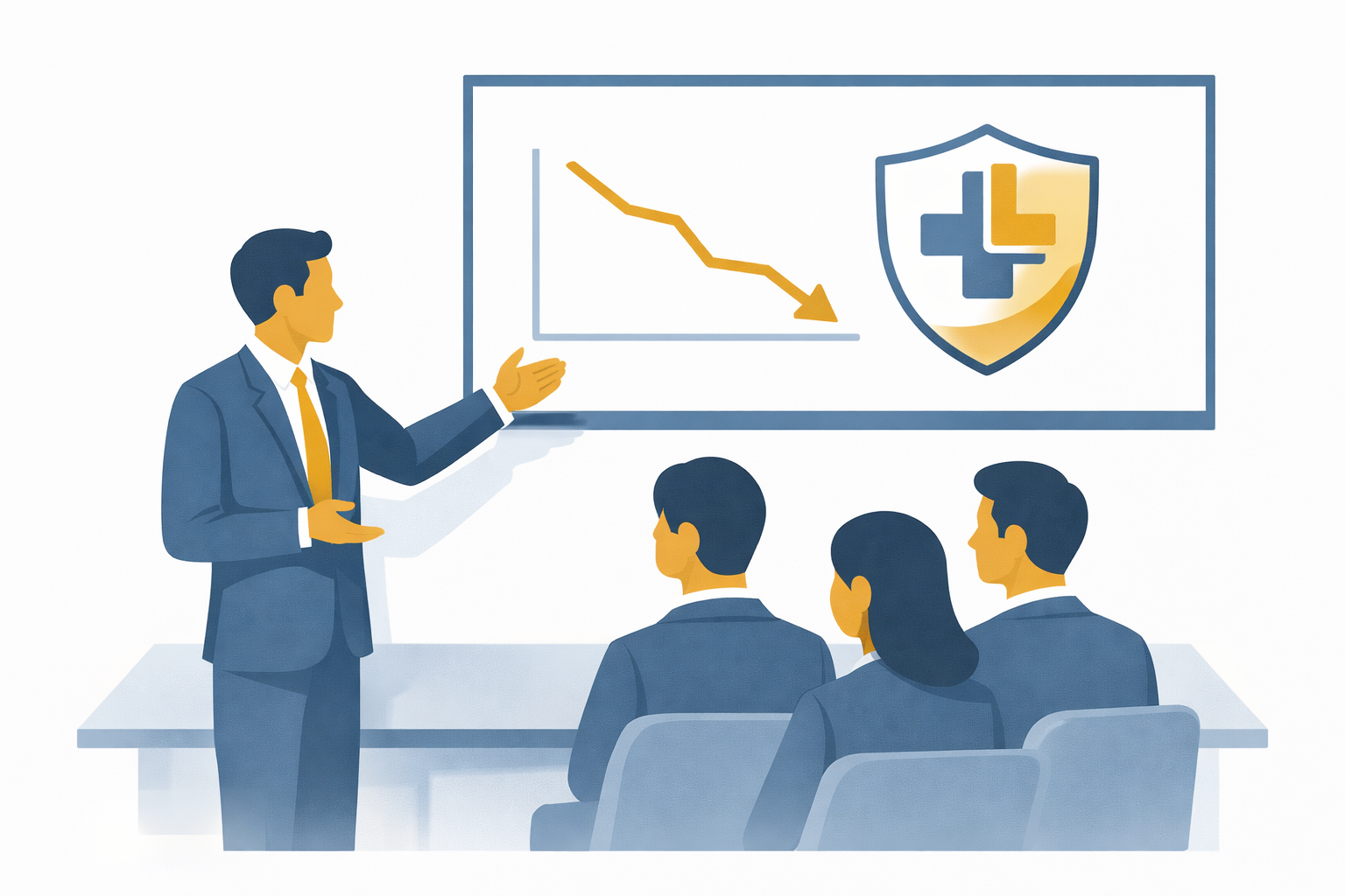 A professional presenting a benefits plan with a trend chart and health shield