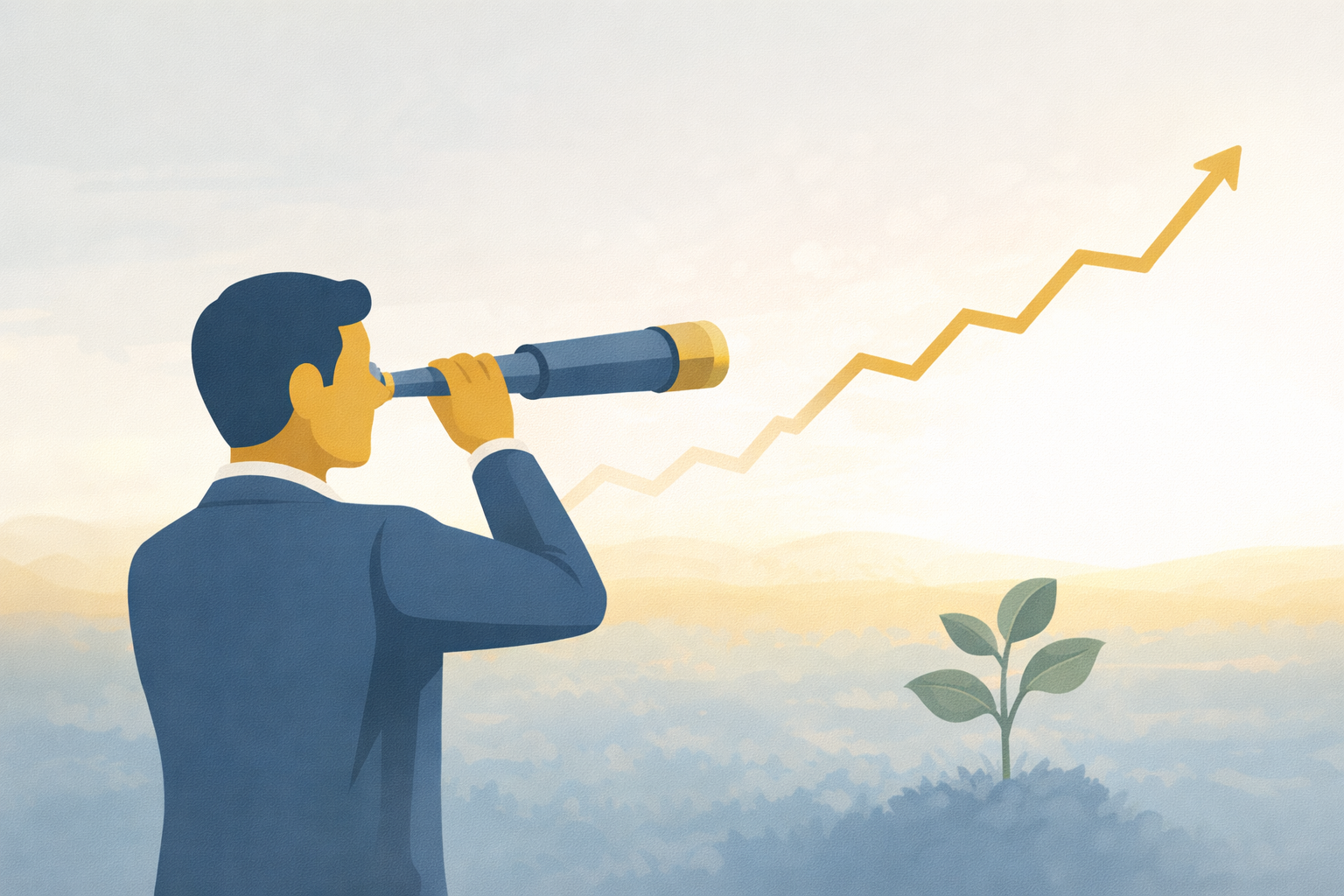 A professional looking through a telescope at an upward-trending chart